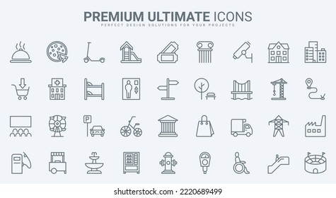 Public city building, infrastructure and facility thin line icons set vector illustration. Abstract outline residential and recreation area, cityscape symbols, skyscrapers and transport, commerce