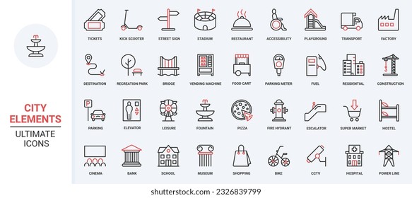 Public city building, infrastructure and facility trendy red black thin line icons set vector illustration. Skyscrapers, transport and commerce symbols in residential and recreation area, cityscape.