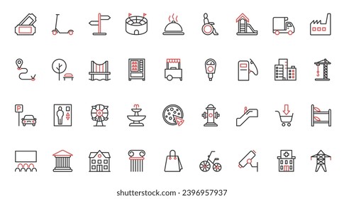 Public city building, infrastructure and facility trendy red black thin line icons set vector illustration. Skyscrapers, transport and commerce symbols in residential and recreation area, cityscape.