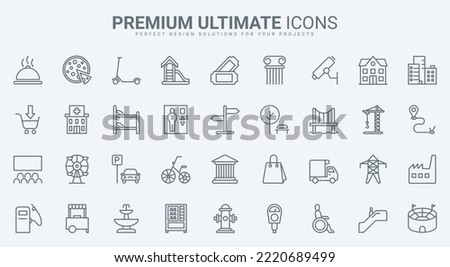 Public city building, infrastructure and facility thin line icons set vector illustration. Abstract outline residential and recreation area, cityscape symbols, skyscrapers and transport, commerce