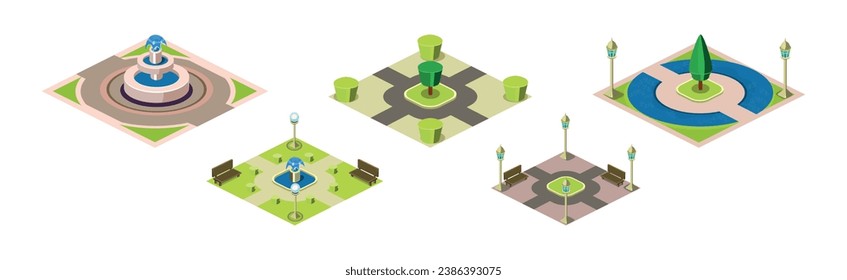 Public City Park Area with Green Tree, Fountain and Lamp Post Vector Set