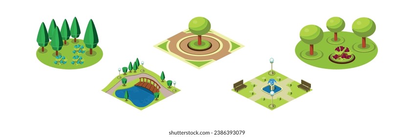 Public City Park Area with Green Tree, Fountain and Lamp Post Vector Set