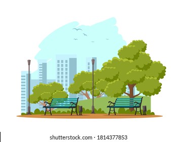 Public city park background illustration. Street with green trees, bushes and grass. Urban summer outdoor vector. Scenic view with wooden benches , lanterns and trash bins.