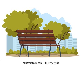 Public city park background illustration. Street with green trees, bushes and grass. Urban summer outdoor vector. Scenic view with wooden bench.