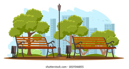 Public city park background illustration. Street with green trees, bushes and grass. Urban summer outdoor vector. Scenic view with wooden benches , lantern and trash bins.