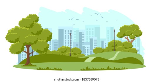 Public city park background illustration. Street with green trees, bushes and grass. Urban summer outdoor vector. Scenic view with nature, lanterns, city buildings in background.