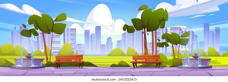 Public city park with bench and fountain, green trees and grass on building background. Cartoon vector summer or spring landscape with central recreation area. Town garden with skyscrapers on horizon.