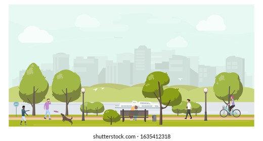 Public city park landscape flat illustration. Stock vector. People relaxing in city park, walking, playing with dog, riding bicycle.