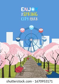 Public city park springtime vector poster. Bloooming cherry trees background. Ferris wheel in urban garden sakura blossoms alley cartoon. Spring season leisure lifestyle banner template illustration