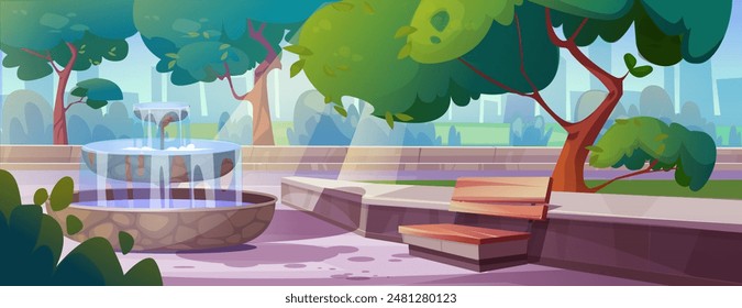 Public city park with water in decorative stone three layers fountain, wooden bench, pathway and green trees. Cartoon vector summer urban garden landscape with woods, walkway, and artificial waterfall