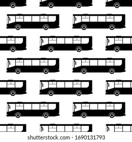 Public city passenger buses isolated on white background. Seamless pattern. Black silhouette. Side view. Vector graphic illustration. Texture.