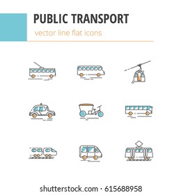 Public city transport.  Flat linear vector icons with the addition of color.