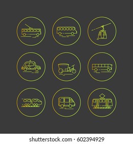 Public city transport. Flat vector icons on a dark background.