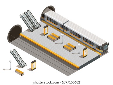 Public city transport isometric composition with underground metro station escalators and benches with underground rolling stock vector illustration