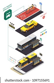 Public city transport isometric composition with infographic pictograms text captions and municipal transport units with stops vector illustration