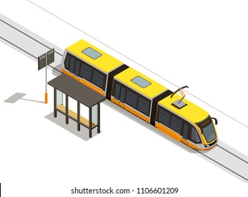 Public City Transport Isometric Composition With View Of Streetcar Line And Rolling Stock With Transit Shelter Vector Illustration