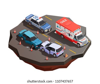 Public city transport isometric composition with two broken cars after collision with ambulance and police car vector illustration