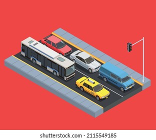 Public city transport isometric concept with cars and buses on the road vector illustration