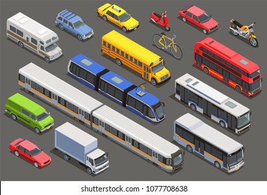 Public city transport isometric icons collection with isolated images of private cars bikes and municipal transport vector illustration