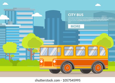 Public city transport. Passenger bus. City of a tower of a skyscraper buildings.Flat vector.Urban background