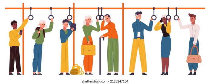 Public city transport passengers holding handles in train or bus. Urban transport travellers standing in subway train vector illustration. City transportation passengers. Female and male characters