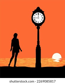A public clock  is seen at 9 p.m. as the sun sets and moon rises over the ocean and a girl is on the beach in a vector illustration about time changes .
