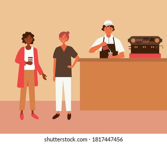 Public coffee shop with barista which making an order and two women which waiting for coffee. Vector graphic.