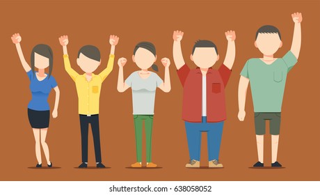 Public comment. Group of people and happy cheer concept. Hand up with your friend. Young happy lifestyle.