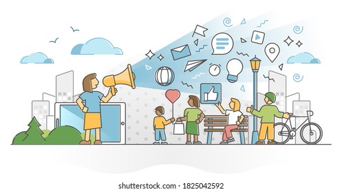 Public communication as mass media speech and marketing scene outline concept. Social publicity advertising with informative talking or message promotion campaign for crowd online vector illustration