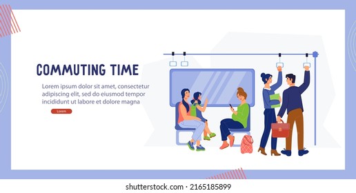 Public commute transport website banner template with passengers inside subway train, flat vector illustration. Public urban transport, commuting and suburban traveling.