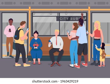 Public commuting flat color vector illustration. People on mobile phones. Men and women communicating. Passengers in underground train 2D cartoon characters with subway interior on background