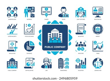 Conjunto de iconos de empresa pública. Accionista, Súper Mayoría, Filiales, Joint Ventures, Valoración, Capitalización, Comprador, Valores. Iconos sólidos de color duotono