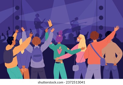 Public at concert. Audience backs. Young people listen to music. Rock band performance. Fans crowd standing near stage. Musicians support. Nightclub entertainment. Garish