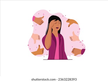 Public condemnation concept with people scene in the flat cartoon design. A woman is publicly condemned for her rights, which is unacceptable. Vector illustration.