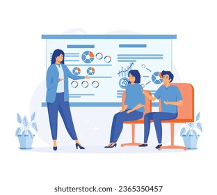 public conference and motivation for business audience. female speaker doing presentation and professional training about marketing, flat vector modern illustration