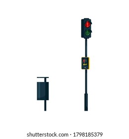 Public convenience and safety facilities semi flat RGB color vector illustrations set. Traffic light with wait, walk button. Trash bin, container. Isolated cartoon items on white background