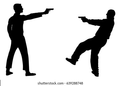 Public Crime Scene, Gunfight Battle. Man With Gun Shooting In Opponent On Street Vector Silhouette. Conflict Situation. Gun Fire. Police Secret Agent Shutting Against Mafia Member. Policeman Arrest.