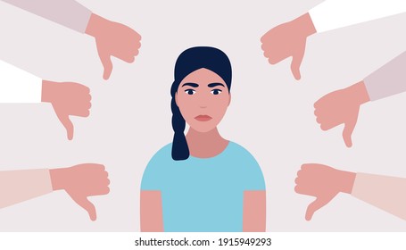 Public disapproval concept. Young woman surrounded by hands thumbs down. Vector illustration in a flat style
