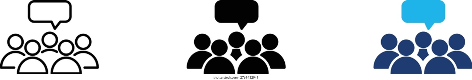 Public discourse icon showing professional group feedback and collective community messaging. Professional illustration for public opinion surveys, and stakeholder consultation meetings.