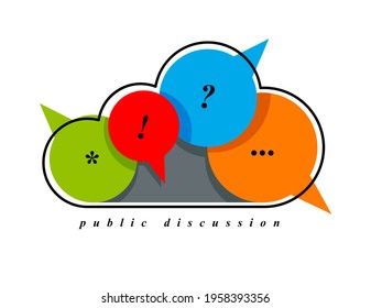 Public discussion and brainstorming vector concept shown with cloud combined with different speech bubbles like diversity talking, briefing or conference, seminar or symposium.