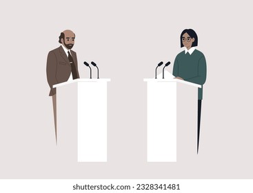 A public discussion, two opponent candidates standing on stage opposite of each other, freedom of speech