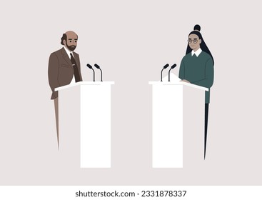 A public discussion, two opponent candidates standing on stage opposite of each other, freedom of speech