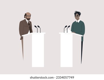 A public discussion, two opponent candidates standing on stage opposite of each other, freedom of speech