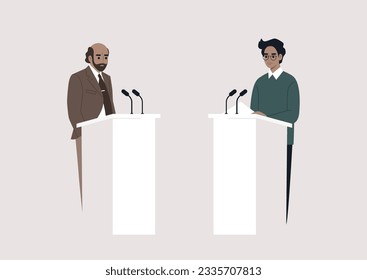 A public discussion, two opponent candidates standing on stage opposite of each other, freedom of speech