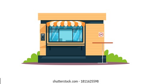 Ilustración vectorial de color RGB semiplana de comedor público. Pequeña cafetería al aire libre, snack bar y bufé. Ventanas frontales de la cafetería. No hay zona de fumadores. Objeto de dibujo animado aislado sobre fondo blanco