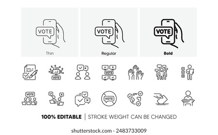 Public Election, Vote Ballot Paper icons. Voting line icons. Candidate, Politics voting and People vote. Government election, Raised hands, Document checklist. Online poll result. Vector