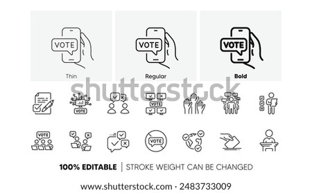 Public Election, Vote Ballot Paper icons. Voting line icons. Candidate, Politics voting and People vote. Government election, Raised hands, Document checklist. Online poll result. Vector