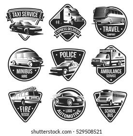 Public And Emergency Transport Logos Set With Retro Style Captions And Special Purpose Car Vehicle Icons Vector Illustration