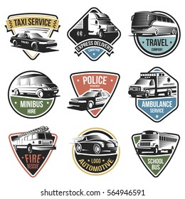 Public and emergency transport logos set of various services with different vehicles on white background isolated vector illustration