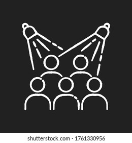 Public event chalk white icon on black background. Group in auditorium. Presentation for crowd. Concert for public entertainment. Festival organization. Isolated vector chalkboard illustration